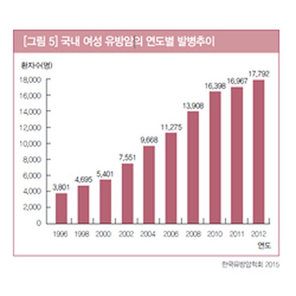 국내 여성 유방암 연도별 발생 추이 그래프